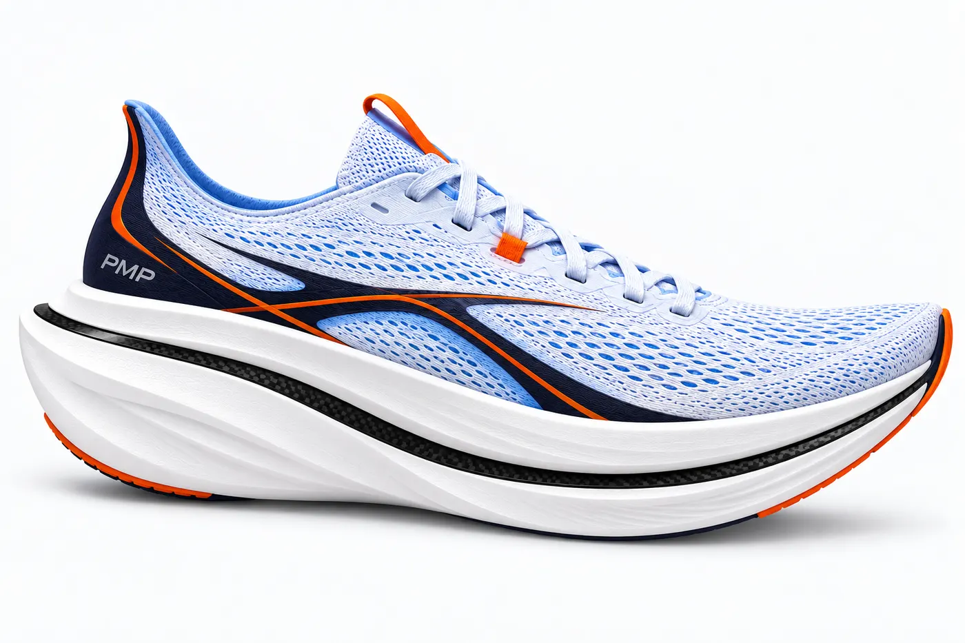 Zapatilla de running PMPRunning con placa de carbono visible dentro de la mediasuela, vista lateral