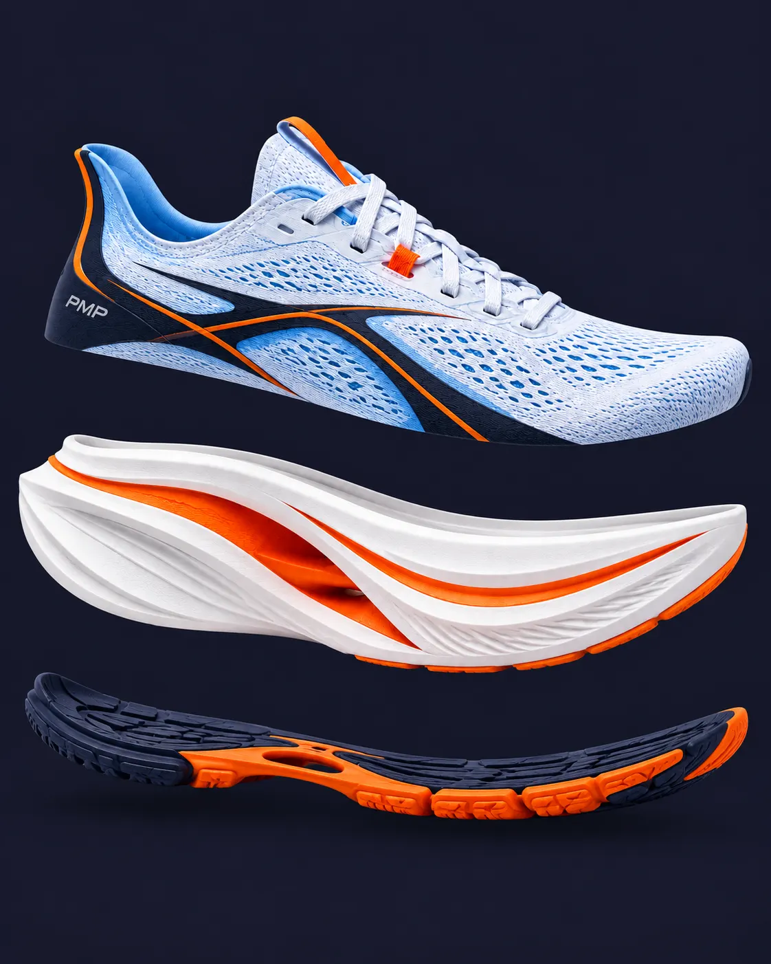 Zapatilla de running PMPRunning desmontada en tres capas: upper, mediasuela y suela